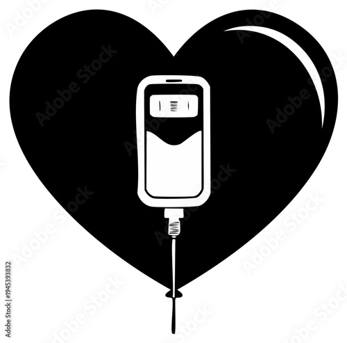 Medical illustration of IV bag inside of a heart symbol, healthcare concept