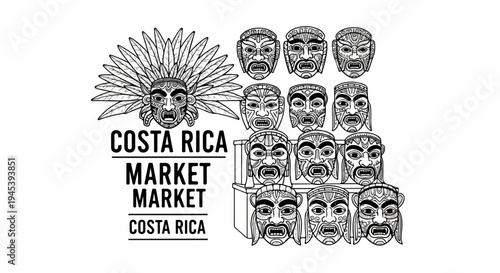 Stylized indigenous masks and text "Costa Rica Market" in bold black outline