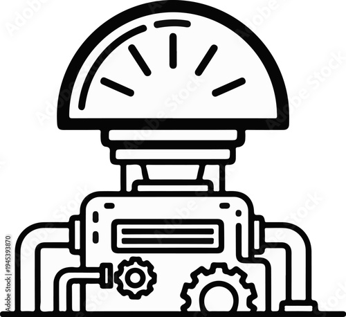 Stylized industrial gauge with gears and pipes, black outline
