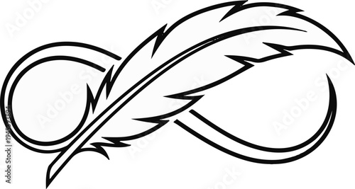 Stylized infinity symbol intertwined with a quill feather in black ink