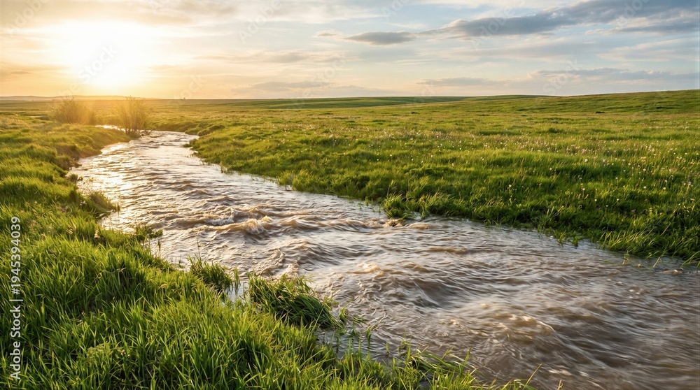 Fototapeta premium Small stream flowing through a green field during spring at sunset. Melting snow water creates a creek in a meadow. Rural nature landscape scenery and freshness of the season change.
