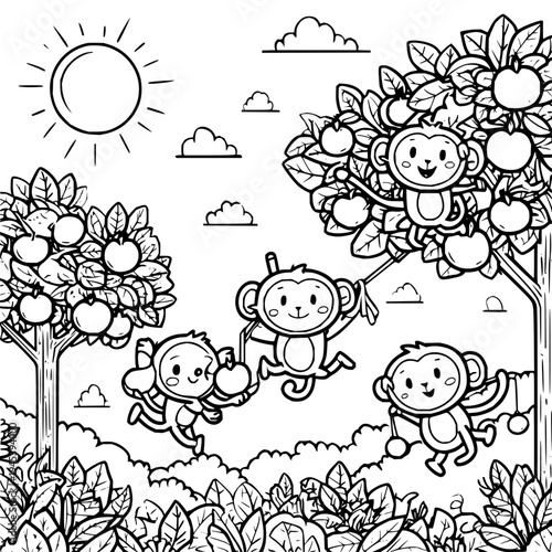Monkeys Playing on Trees in Sunny Orchard