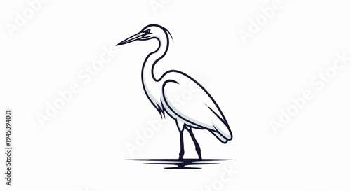 Stylized drawing of a white heron standing in water