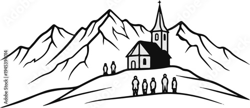 Stylized mountain landscape with a church and people on a hill