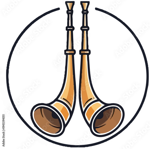 Stylized illustration of two ornate brass horns within a circular outline