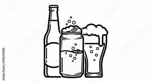 Stylized line art of a beer bottle, can, and glass with foam