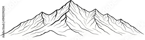 Stylized ink drawing of a mountain range with varied peaks
