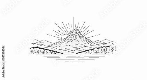 Stylized mountain peak bathed in radiant sunrise over rolling hills and a tranquil lake