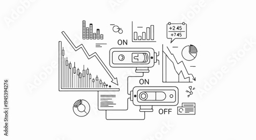 Stylized financial data analysis with graphs, switches, and numerical readouts