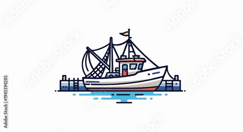 Stylized fishing trawler docked at a pier with nets ready