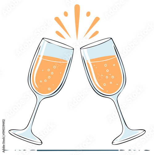 Two champagne glasses clinking together with bubbles and orange splash celebratory toast
