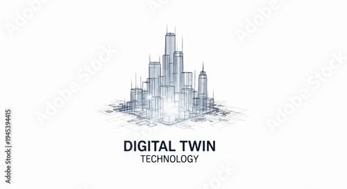 Stylized futuristic cityscape rendered as a digital wireframe on a white background