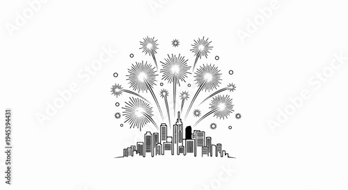 Stylized cityscape with bursting fireworks above tall buildings