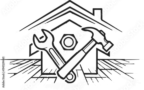 Stylized house outline with crossed tools and a central nut