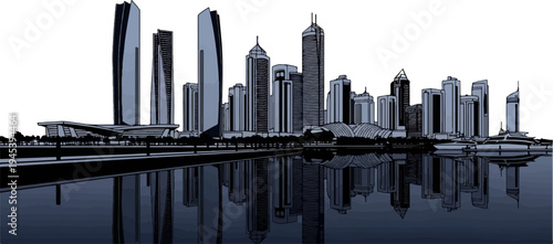 Stylized cityscape with modern skyscrapers reflected in calm water