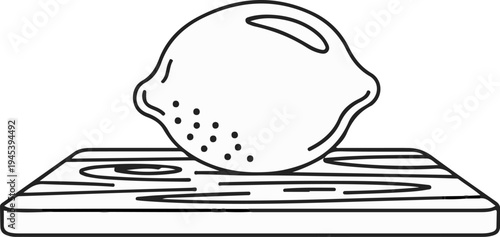 Stylized line art of a lemon resting on a wooden cutting board
