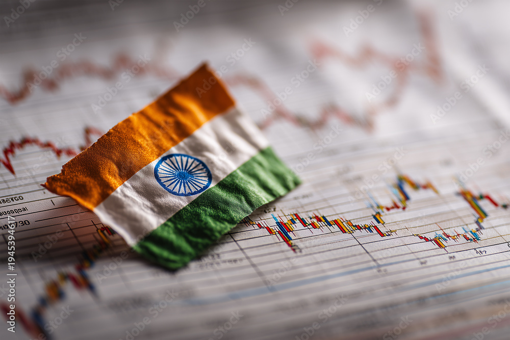 Naklejka premium Indian Economy Concept – Financial Data Display on National Flag of India