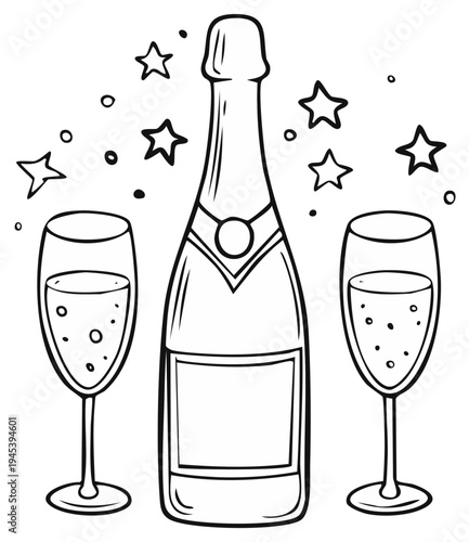 Champagne Bottle and Glasses Outlined for Celebration, Star Decorations, Black and White Illustration