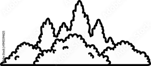 Stylized black outline of layered, textured bushes or clouds on a white background