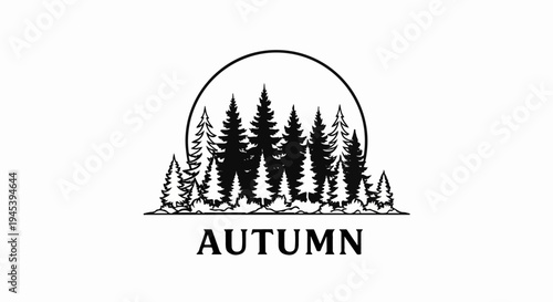 Stylized coniferous forest scene under a circular horizon line with the word AUTUMN