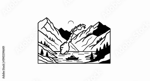 Stylized line art of a scenic coastal mountain range with a ship