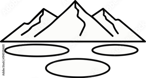 Stylized mountain peaks above tranquil reflective pools or lakes