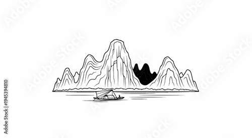 Stylized ink drawing of karst mountains and a small boat on water
