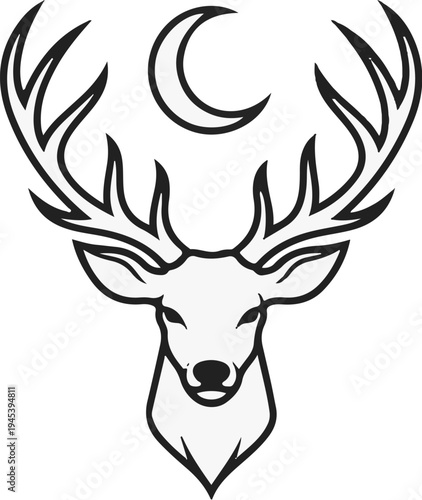 Stylized deer head with large antlers and a crescent moon above