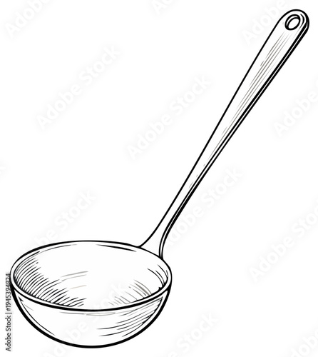 Hand-drawn sketch of a classic soup ladle with a long handle and round bowl, ready for serving.