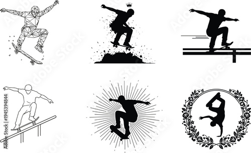 Skateboarding silhouettes of athletes performing tricks, grinding rails, artistic street sport vector design illustration