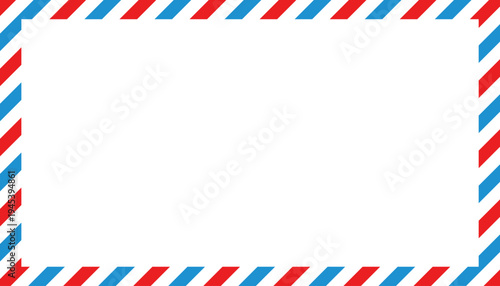 Airmail envelope border frame with red and blue diagonal stripes, vintage postal design element background
