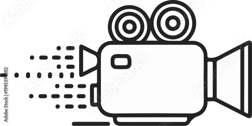 Stylized outline of a vintage film camera with trailing dots