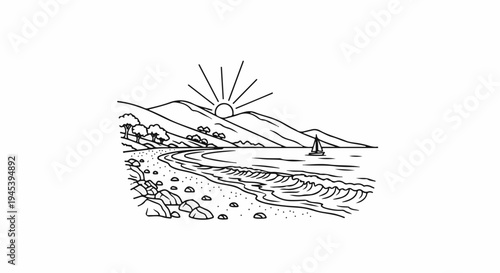 Stylized line art of a sunny beach scene with waves and a distant sailboat