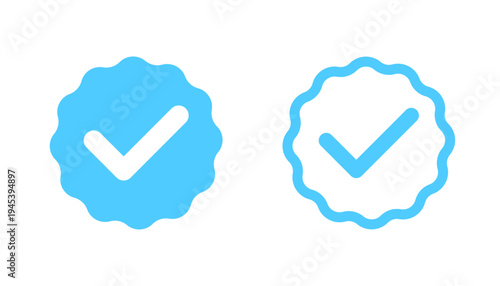 Light Blue Verified Checkmark Icons with Wavy Circles - Solid and Outline Versions for Social Media and Approval