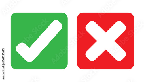 Green Checkmark and Red Cross Square Buttons. Accept and Reject Icons for Web and App Interface.