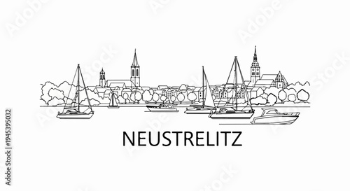 Stylized outline of a waterfront town with sailboats and motorboats
