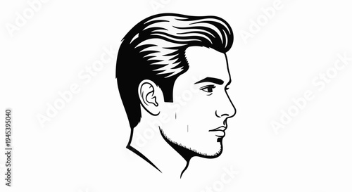 Stylized black and white profile of a man's face with slicked-back hair