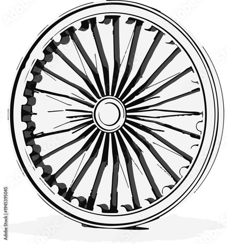 Stylized depiction of a spoked wheel with a central hub and outer rim