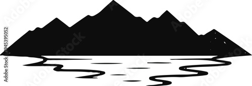 Stylized black silhouette of jagged mountains reflected in a winding body of water