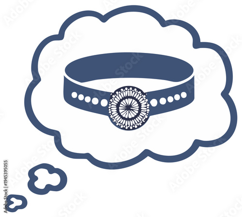 Decorative blue fashion accessory with ornate circular buckle and dotted band inside a thought bubble