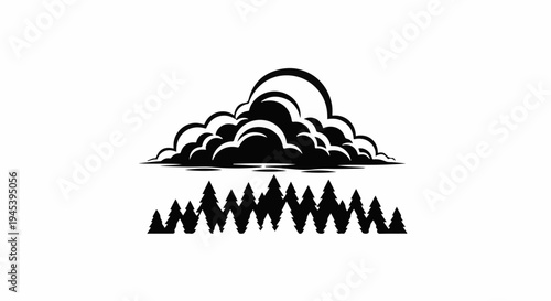 Stylized depiction of a vast cloud formation over a dense line of evergreen trees