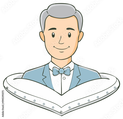 Cartoon Man Wearing Wedding Suit and a Large Heart, A Man in love with a large heart