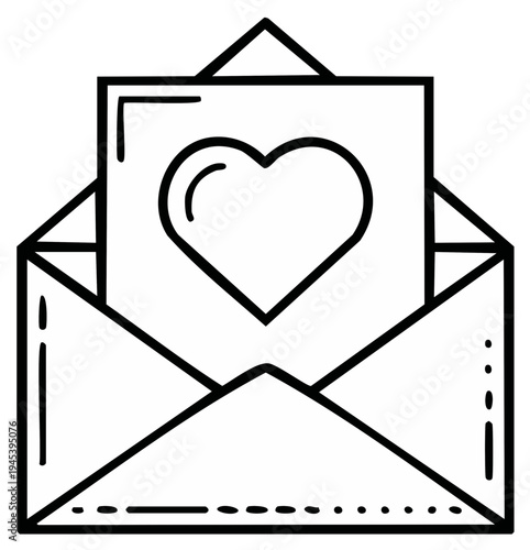 Hand drawn line art illustration of a love letter with a heart in an open envelope