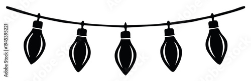 Black and white line art of a string of decorative light bulbs