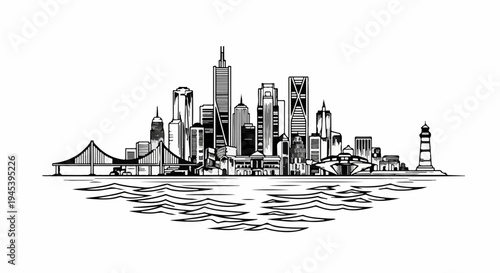 Stylized black and white sketch of a vibrant city skyline across wavy water