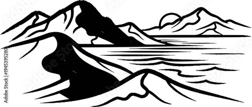 Stylized graphic of mountains, water, and sun in black and white
