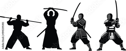 Samurai and kendo warrior silhouettes set, traditional Japanese martial arts sword fighting poses collection flat vector illustration