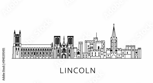 Stylized line art silhouette of various historic buildings and a church spire, with text