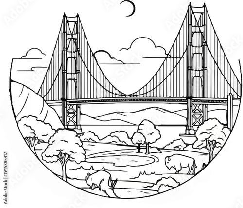 Stylized iconic suspension bridge spans lush landscape with grazing bison