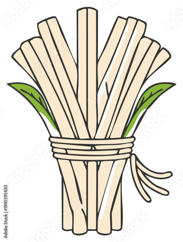 Stylized vector graphic illustration of fresh aromatic lemongrass stalks tied with string and green leaves